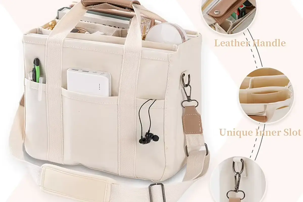 Cream tote diagram showing pocket openings and panel details
