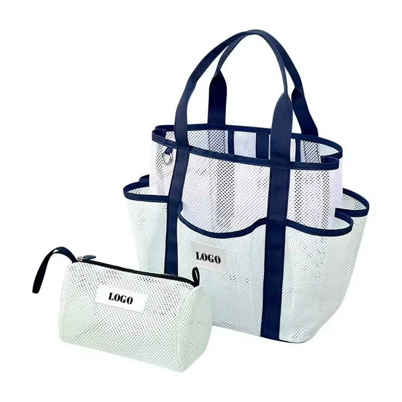 Navy trimmed clear tote with outer pockets and a matching pouch