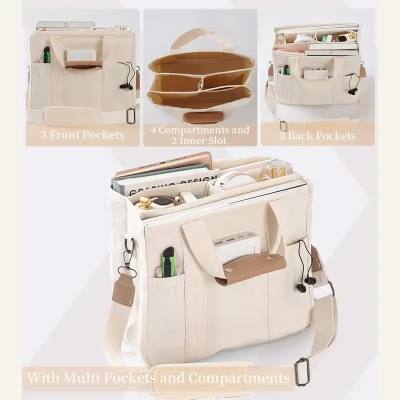 Open cream tote showing divided storage and pocket placement