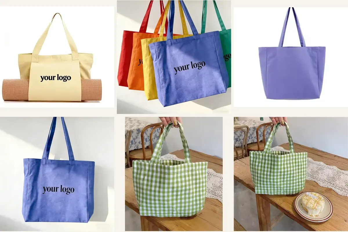 Canvas totes with varied handles colors and artwork areas