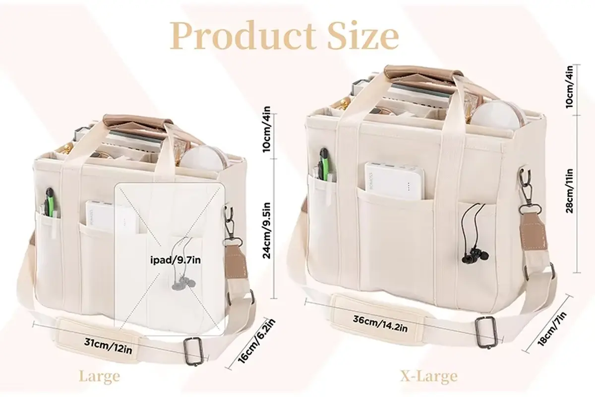 Cream pocket tote shown with its dimensions and divided opening