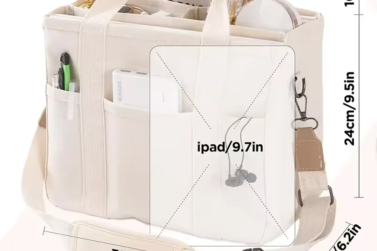 Cream structured tote showing outer pockets handles and base