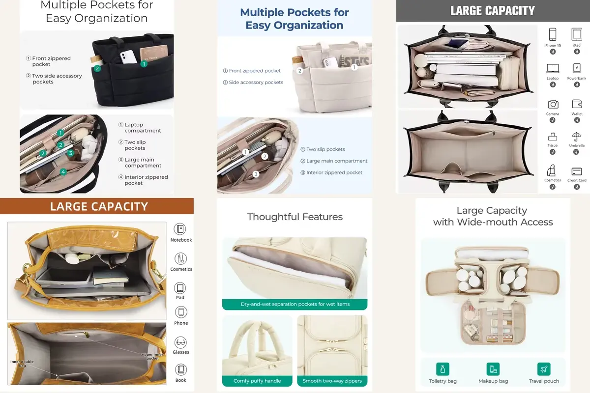 Six tote interiors showing pocket placement and divided storage