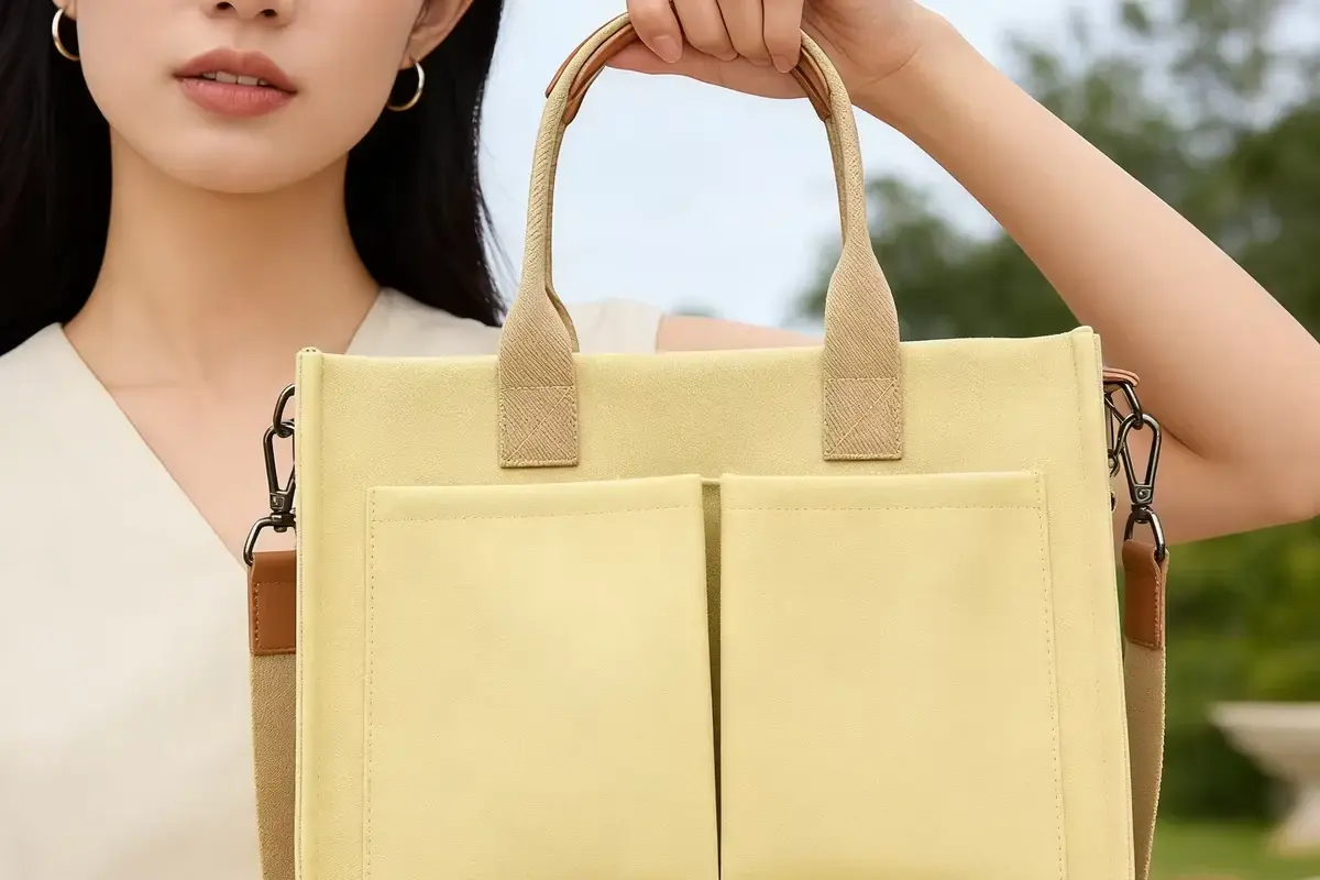 Yellow structured pocket tote shown at its finished carrying size