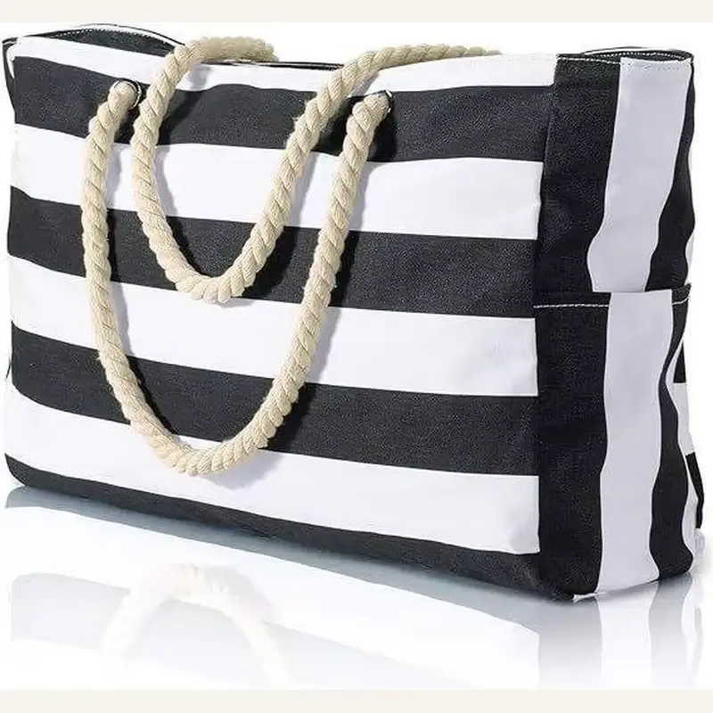 Black striped zipper tote with rope handles and a broad gusset