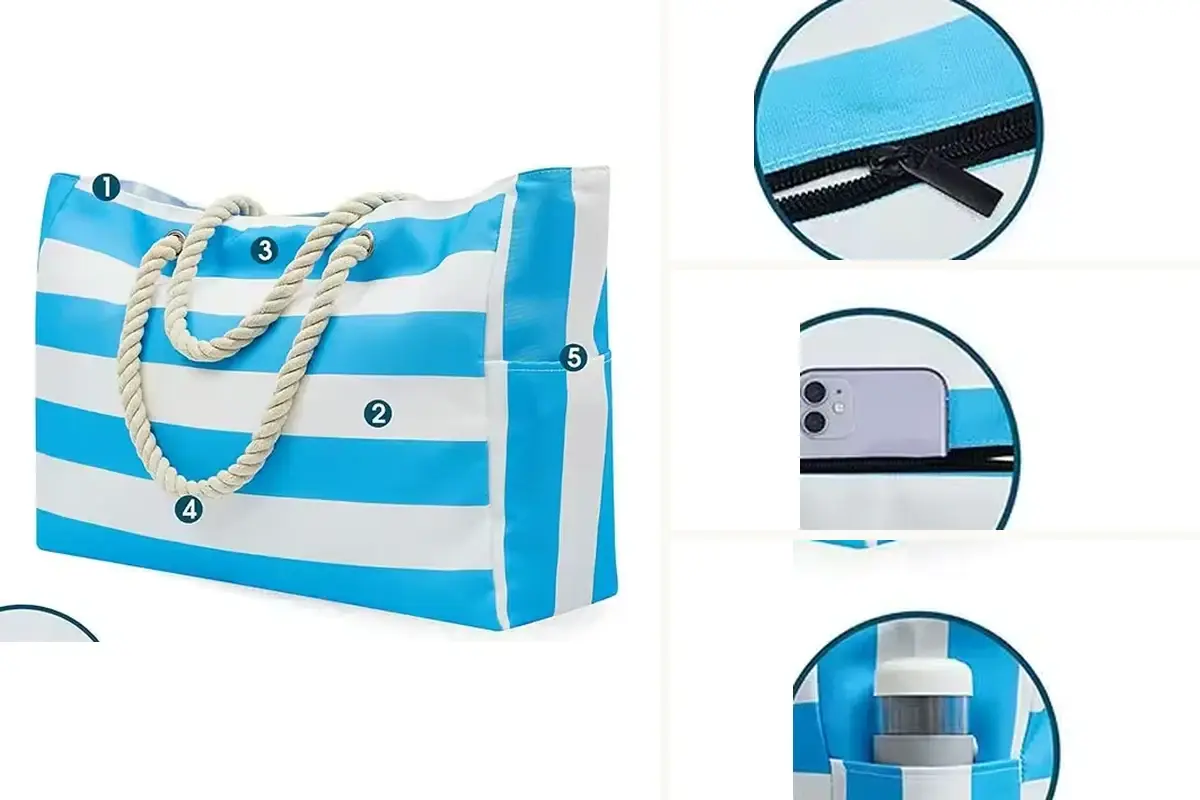 Striped tote details showing the zipper inner pocket and side pocket
