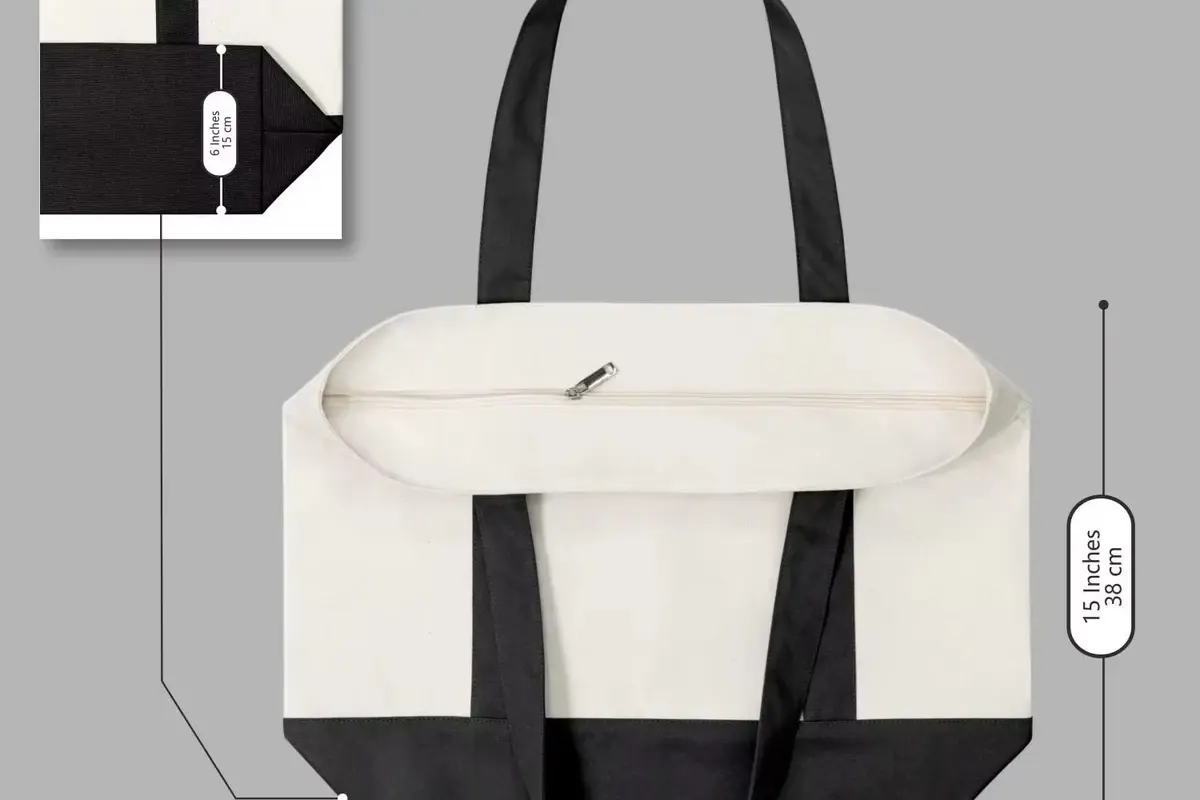 White and black canvas zipper tote shown with finished dimensions