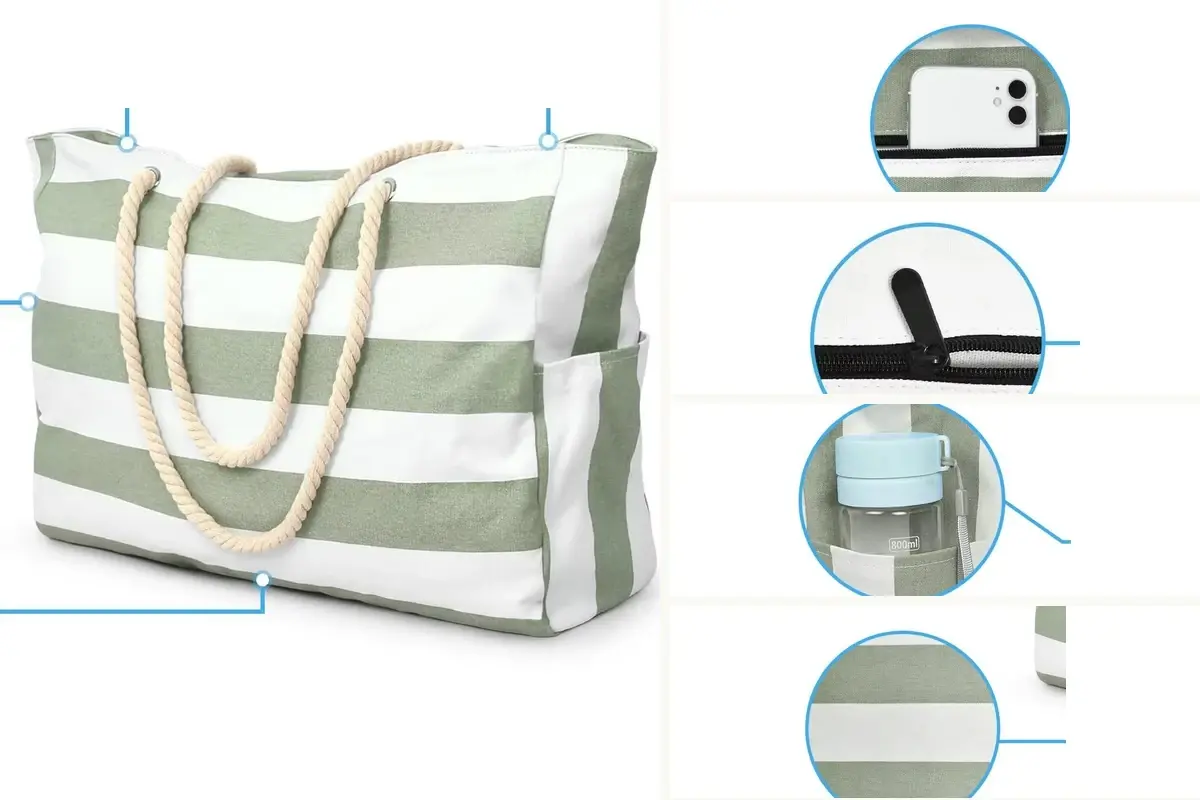 Canvas tote details showing zipper closure pocket and side construction