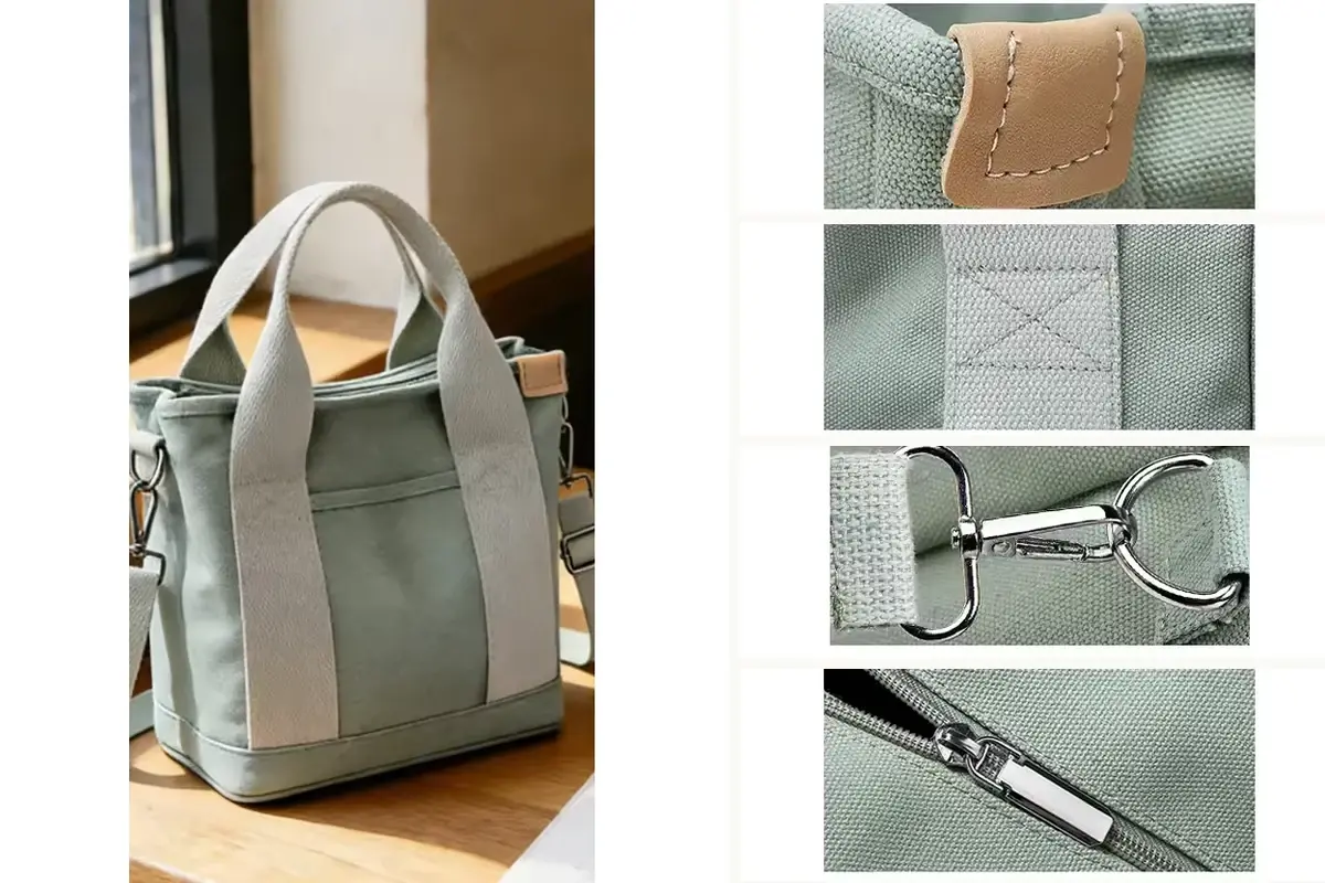 Canvas tote details showing zipper hardware and reinforced stitching