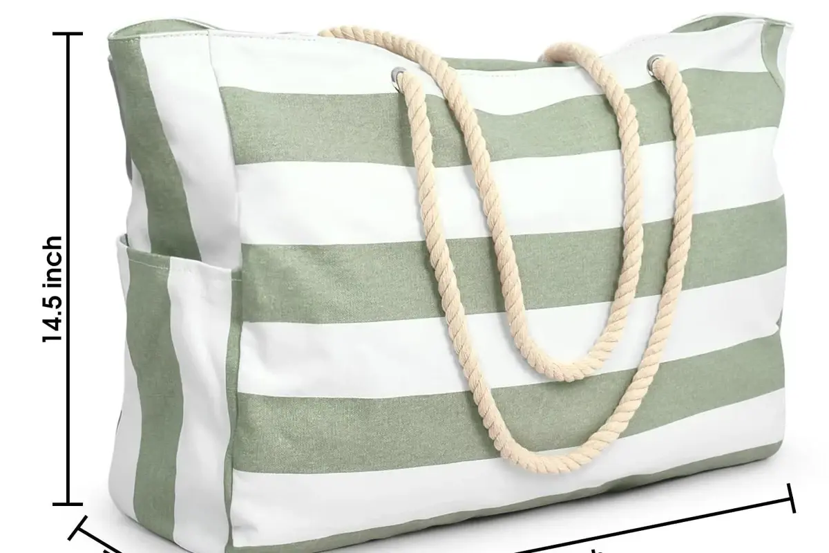 Gusseted zipper tote shown with width height and depth measurements