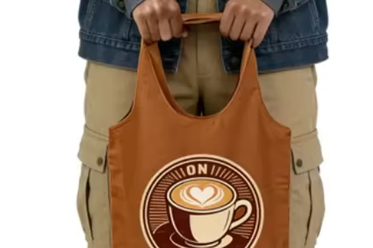 Brown cotton tote with a coffee graphic and wide short handles