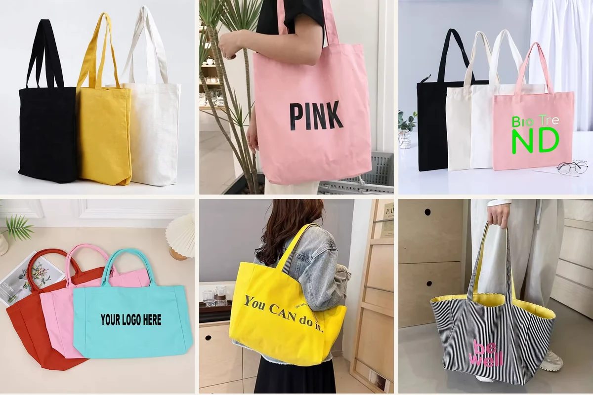 Six lightweight cotton totes showing bright and neutral color options