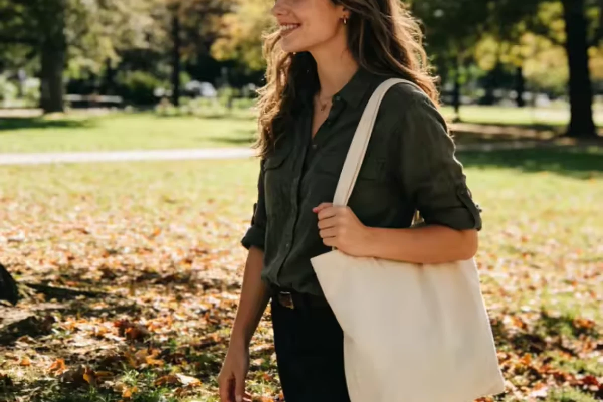 Plain natural cotton tote carried outdoors by a woman in black