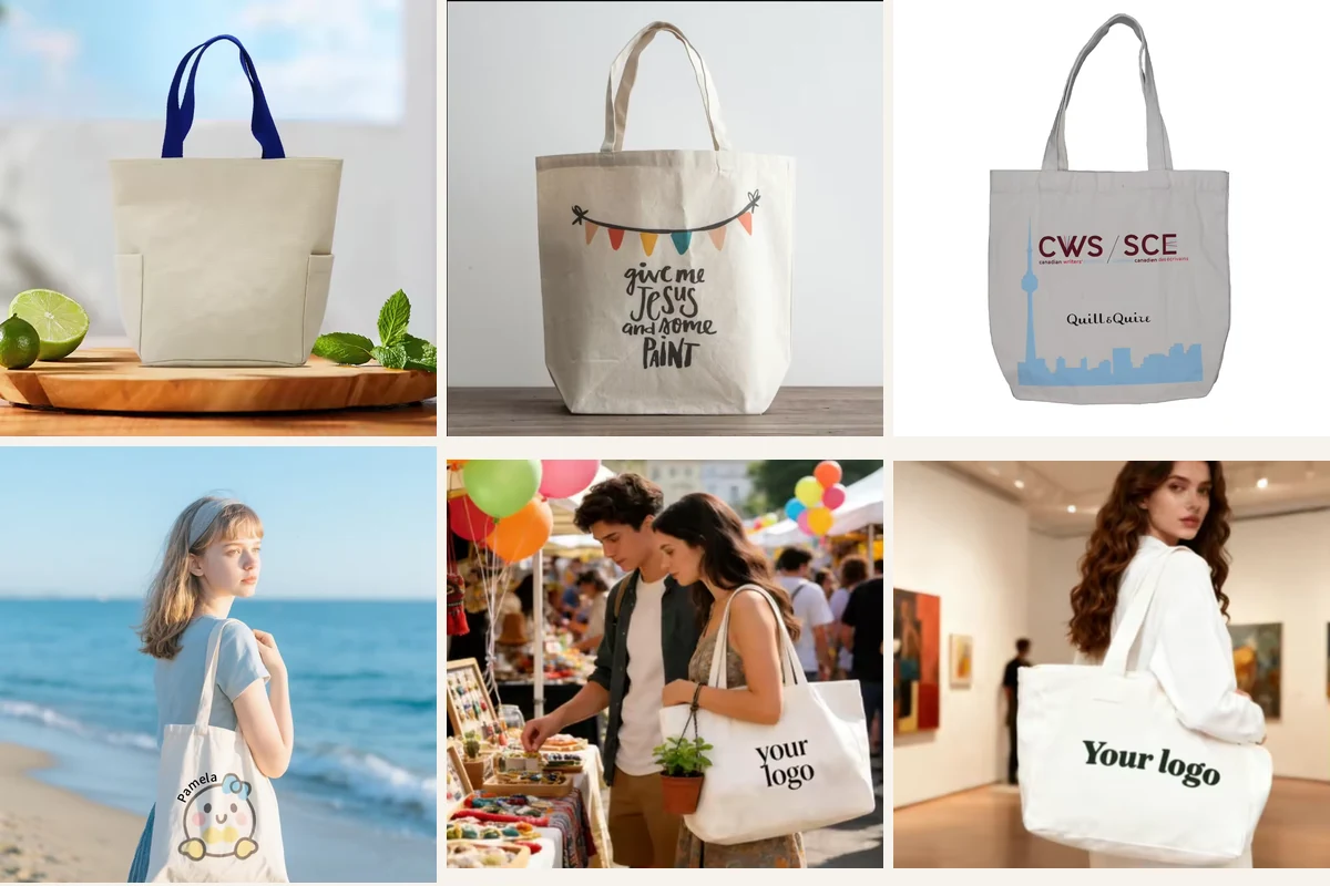 Six natural cotton totes showing shade print and handle differences