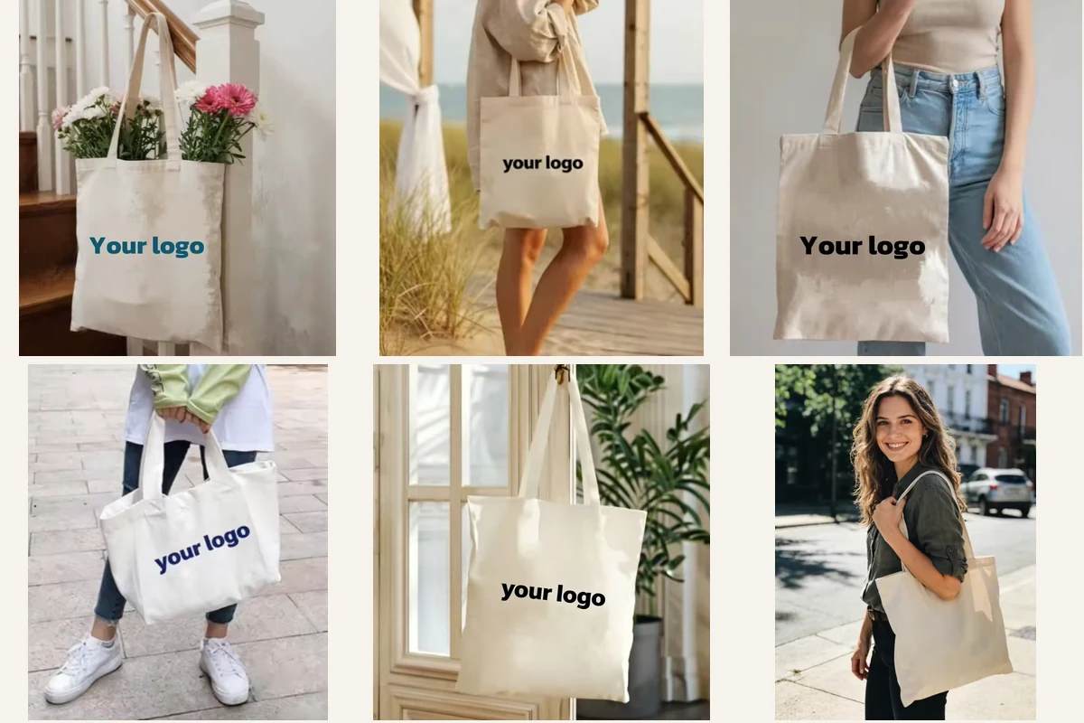 Six cotton totes in natural white cream and light gray shades