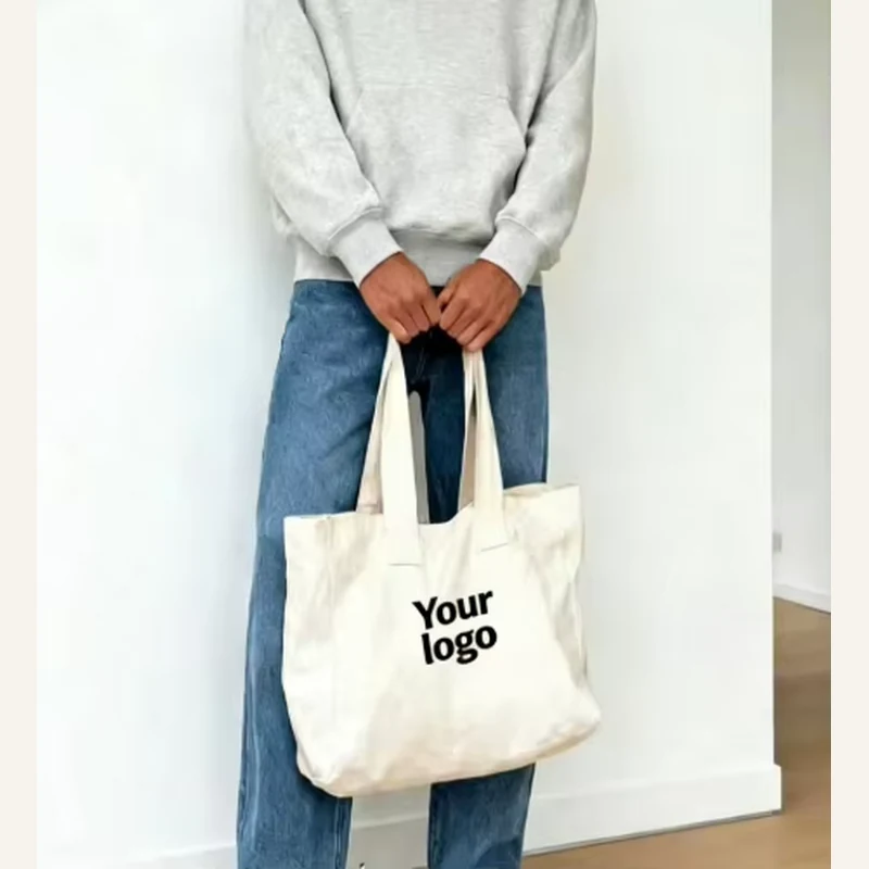 Small natural cotton tote with short handles and front print