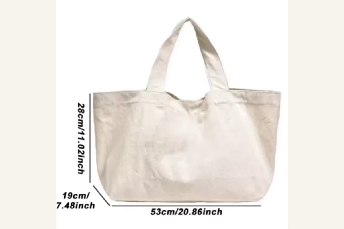 Natural cotton tote shown with finished width and handle dimensions