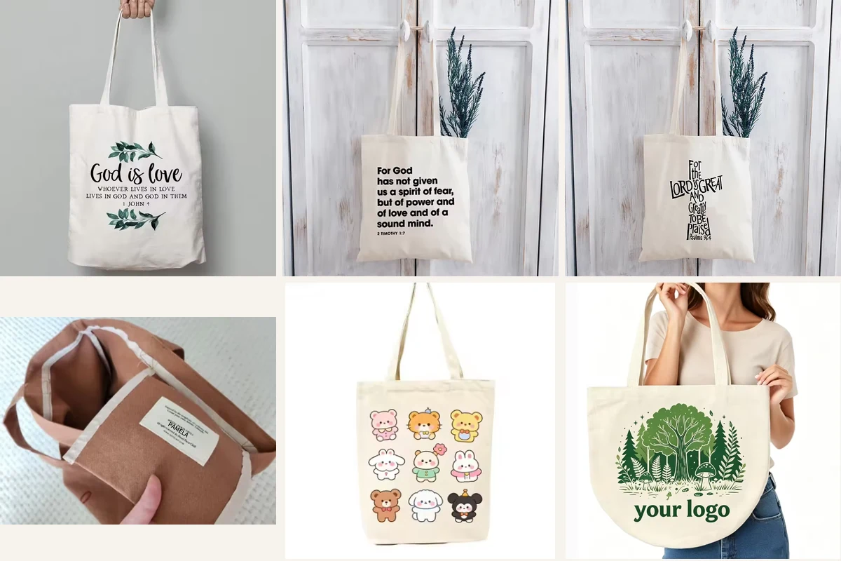 Six natural cotton totes showing printed artwork and woven labels