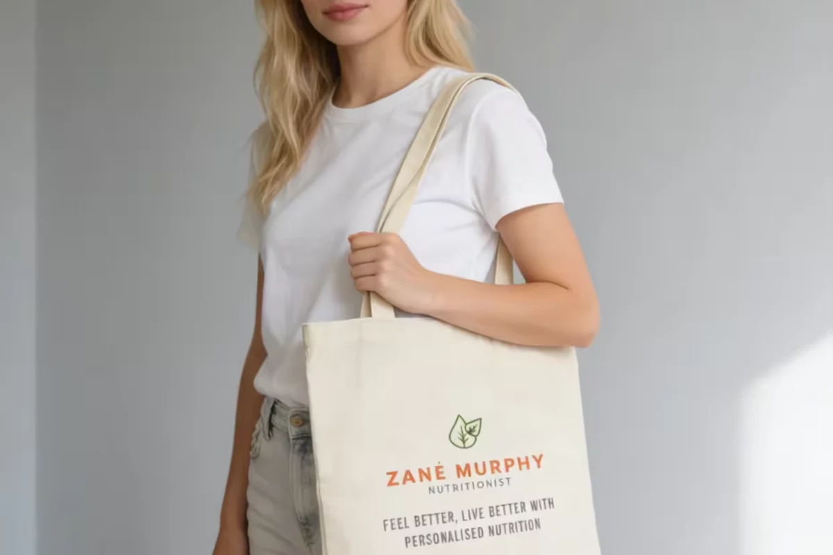 Natural cotton tote with green artwork carried at a market