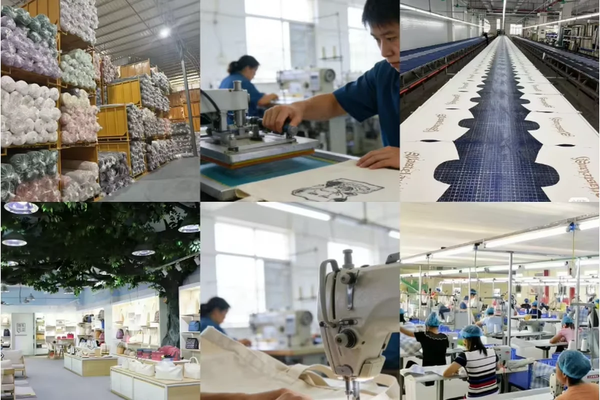 Tote cutting sewing and workshop stages shown in a factory collage