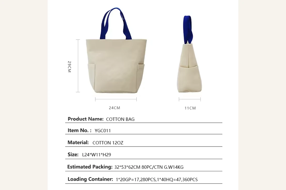 Natural cotton tote specification with front side and size views
